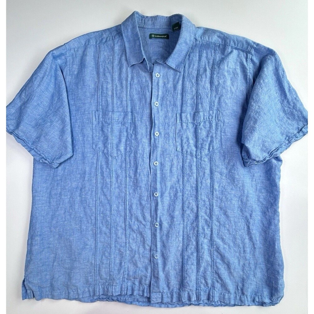 Cubavera Blue Linen Cotton Woven Solid Button Up Cuban Shirt Mens 2XLT Big &Tall